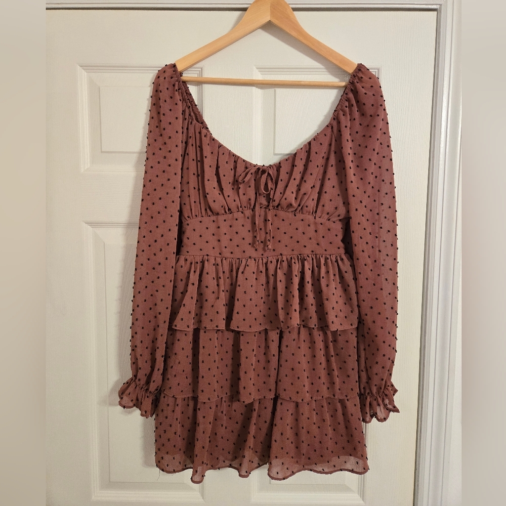 Allison & Kelly Rust And Black Polka Dot Dress Tiered Scoop Neck Size Large